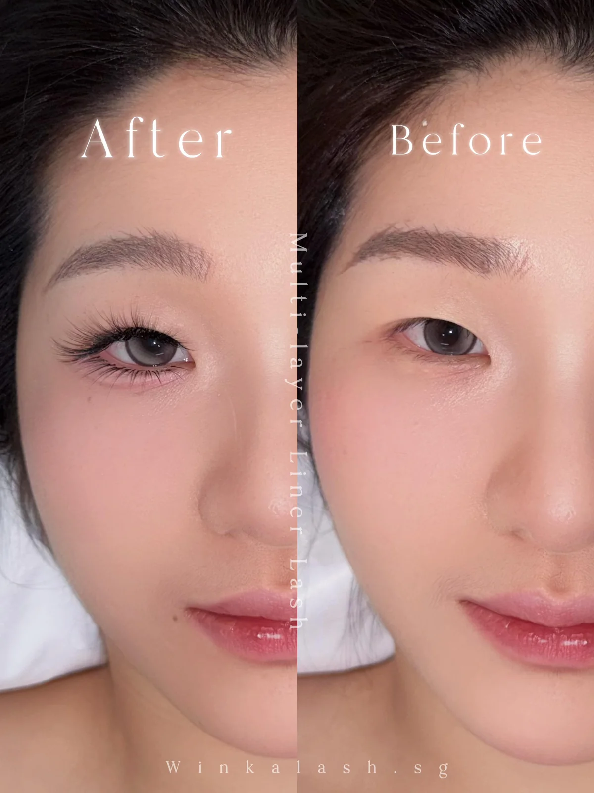 Before-and-after multi-layer lashes; after on the left, before on the right